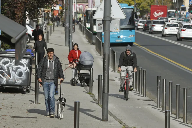 Pešci, otroški vozički, motoristi, avtomobili, kolesarji gor in dol ter - količki. To je vsakdanji prizor na Celovški. FOTO: Leon Vidic/Delo