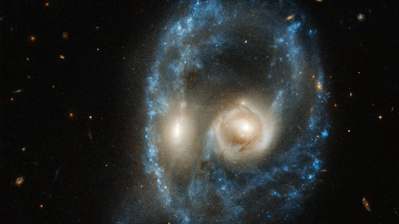 Fotografija: Sistem Arp-Madore 2026-424 (AM 2026-424) spominja na obraz. FOTO: NASA, ESA, J. Dalcanton, B.F. Williams, and M. Durbin (University of Washington)