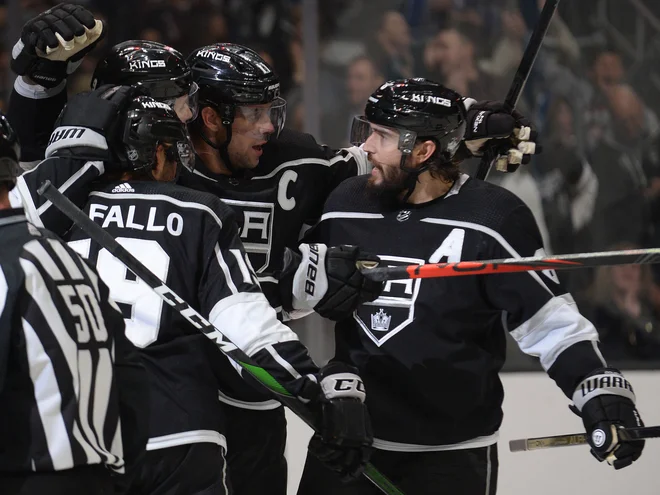Takole so se veselili gola Drew Doughty (8), Anže Kopitar (11) in Adrian Kempe (9). FOTO: USA TODAY Sports