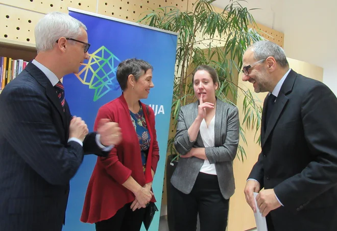 Minister Jernej Pikalo, Erica Johnson Debeljak, Marina Klemenčič in Jozsef Györkös na predstavitvi programa Aleša Debeljaka. Foto Foto Dragica Bošnjak