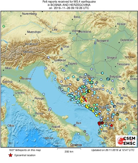 Potres so čutili na širšem območju Balkana. FOTO: Evropsko-mediteranski seizmološki center