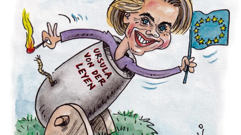 Fotografija: Ursula von der Leyen poskuša Evropo najprej zagnati s pozitivnejšimi toni. Karikatura: Marko Kočevar