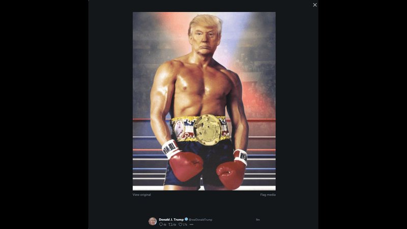 Fotografija: Trump je v tvitu svoj pomlajeni portret nadel na hollywoodsko izklesano telo Sylvestra Stalloneja iz tretjega dela dobre stare sage o boksarju Rockyju. Posneli so ga leta 1983. FOTO: Eric Baradat/AFP