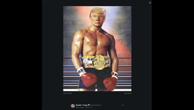 Trump je v tvitu svoj pomlajeni portret nadel na hollywoodsko izklesano telo Sylvestra Stalloneja iz tretjega dela dobre stare sage o boksarju Rockyju. Posneli so ga leta 1983. FOTO: Eric Baradat/AFP