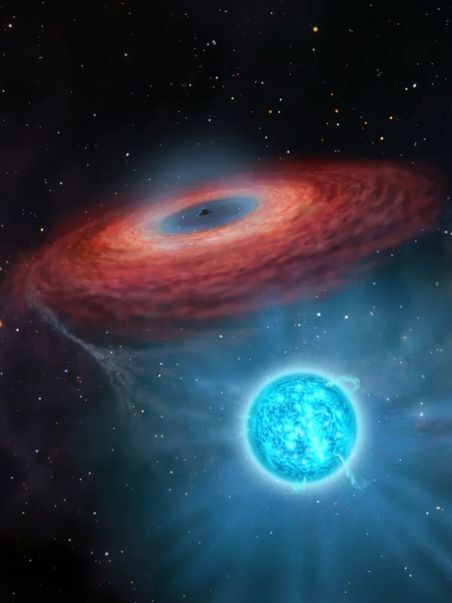 Slikarska upodobitev novoodkrite črne luknje LB-1 z modro spremljevalno zvezdo. FOTO: Yu Jingchuan/AFP/Beijing Planetarium