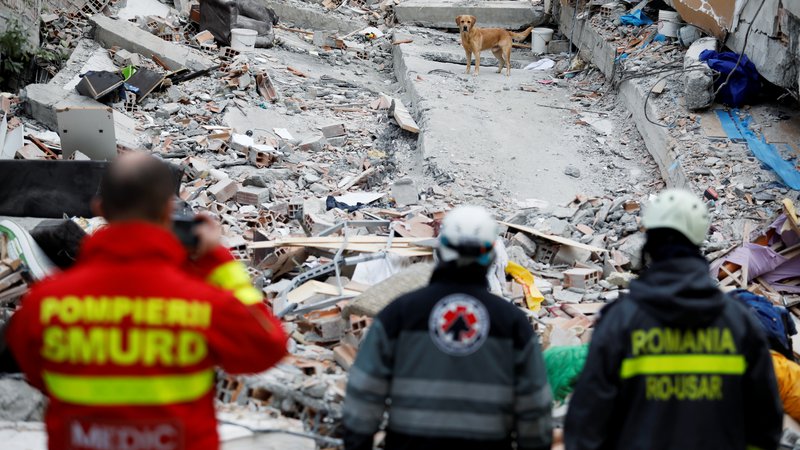 Fotografija: Morebitne preživele pod ruševinami iščejo z reševalnimi psi. FOTO: Florion Goga/Reuters