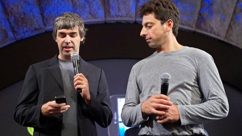 Fotografija: Larry Page in Sergey Brin na predstavitvi nove Googlove programske opreme za pametne telefone Android v New Yorku leta 2008. FOTO: Jacob Silberberg/Reuters