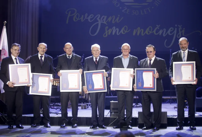 Priznanja OZS so prejeli - od leve Branko Meh, Stane Špindler, Ernest Draš, Franjo Verdnik, Miroslav Klun, Štefan Pavlinjek in Alojz Kovšca. FOTO: Roman Šipić/Delo