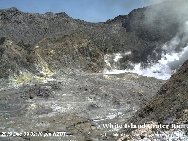 Na posnetku kraterja vulkana malo pred izbruhom je še mogoče videti turiste. FOTO: GNS Science/Reuters