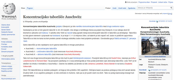 Slovenska wikipedija ima koncentracijsko taborišče Auschwitz.