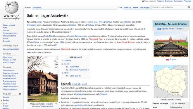 V hrvaški različici wikipedije je kot zbirni center označeno tudi največje nacistično koncentracijsko taborišče Auschwitz. Fotografije wikipedija