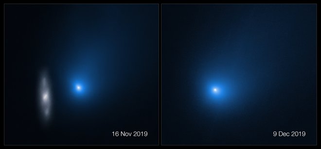 Komet novembra in decembra, ko je bil od Zemlje oddaljen 298 milijonov kilometrov. Jedro, sestavljeno iz kamenja in ledu, je premajhno, da bi ga natančno opisali. lepo je vidna koma. FOTO: NASA, ESA in D. Jewitt (UCLA)