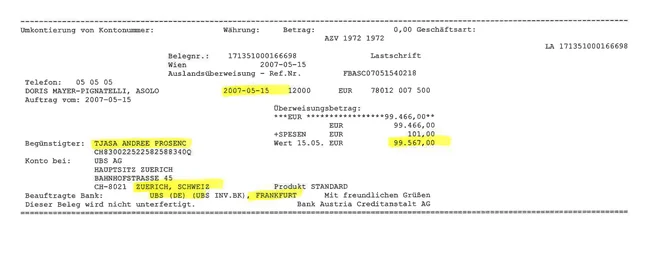 Faksimile nakazila na švicarski račun Tjaše Andrée Prosenc.