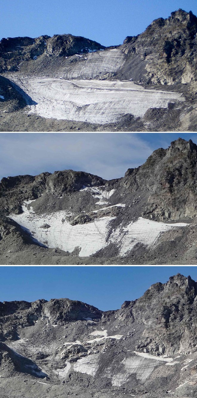Izginjanje ledenika Pizol v švicarskih Alpah od leta 2006 (zgoraj) do 2019. FOTO: Handout/AFP