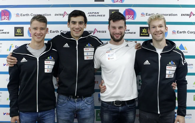 Med sedmimi slovenskimi plezalci na tekmi v Kranju bodo tudi (z leve): Luka Potočar, Martin Bergant, Jernej Kruder in Anže Peharc. FOTO: Mavric Pivk/Delo