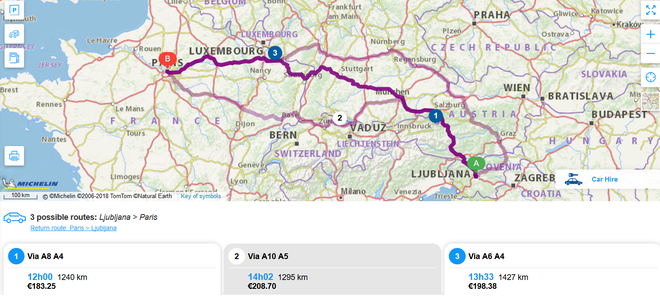 Zemljevid poti od Ljubljane do Pariza. FOTO: Posnetek strani
