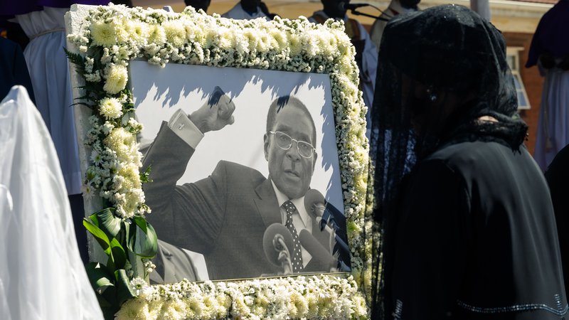 Fotografija: Grace Mugabe ob portretu Roberta Mugabeja. Foto Jekesai Njikizana Afp