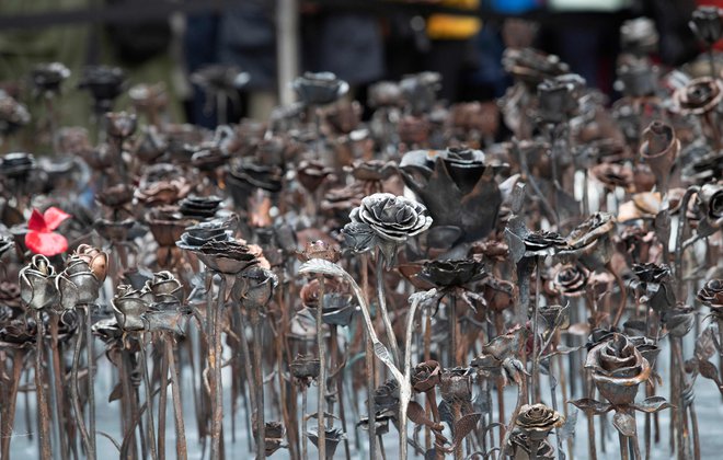 Železne vrtnice v spomin na 77 žrtev. Foto Terje Bendiksby Afp