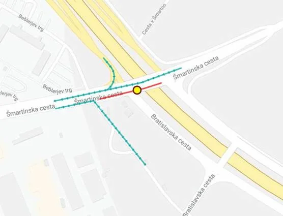 V času zapore bo urejen obvoz po Šmartinski, Kajuhovi in Letališki cesti oziroma po vzporedni cesti JP 712 041. FOTO: Mestna občina Ljubljana