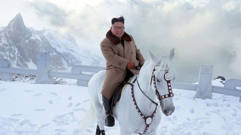 Fotografija: Severnokorejska agencija je izdala fotografije voditelja Kim Džong Una, kako se je s konjem povzpel na goro Paektu. FOTO: STR/KCNA/AFP