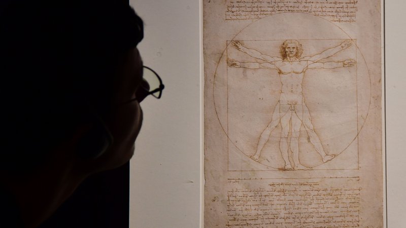 Fotografija: Lenardo da Vinci je risbo Proporci človeškega telesa po Vitruviju, znano tudi kot Vitruvijski človek, ustvaril okoli leta 1490. FOTO: Giuseppe Cacace/AFP