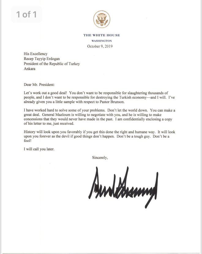 Trumpovo pismo turškemu predsedniku z devetega oktobra. FOTO: White House Reuters