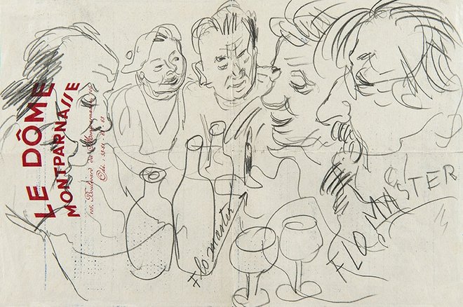 Veno Pilon, Le Dôme (Flomaster), 1957, svinčnik, papir z glavo kavarne Le Dôme, Montparnasse, Pilonova galerija Ajdovščina. Foto Primož Brecelj