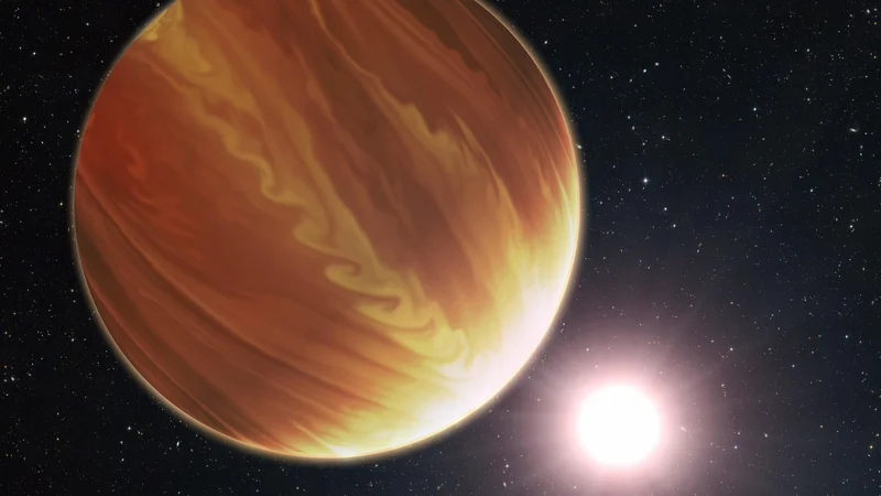 Fotografija: Umetniška upodobitev planeta Wasp-38 b in njegove zvezde. Planet spada med vroče Jupitre. FOTO: Nasa, Esa, G. Bacon (STScl), Andrej Guštin