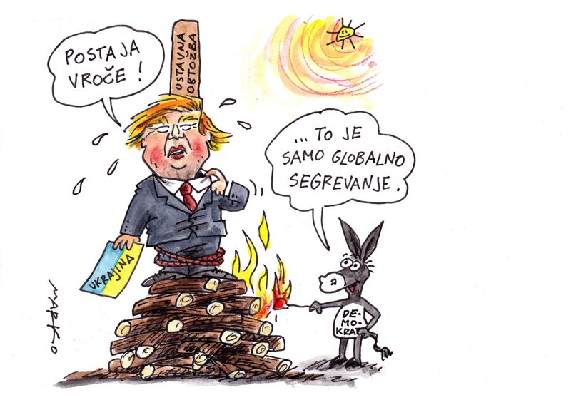 Fotografija: Donaldu Trumpu gori pod nogami. Karikatura: Marko Kočevar 