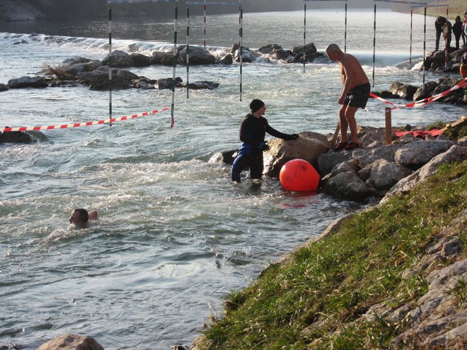 Plavalcem so v Savinjo in iz nje pomagali potapljači, za varnost so skrbeli tudi kajakaši. FOTO: Špela Kuralt/Delo