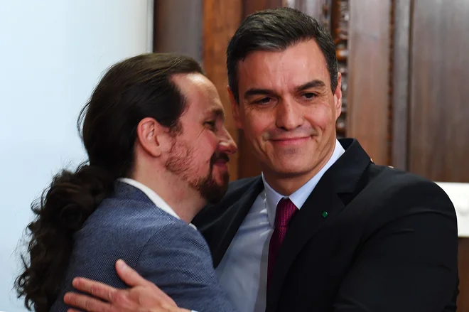 Vodja Unidas Podemos Pablo Iglesias (levo) in vršilec dolžnosti predsednika španske vlade&nbsp;Pedro Sánchez.&nbsp;Foto: Gabriel Bouys/Afp