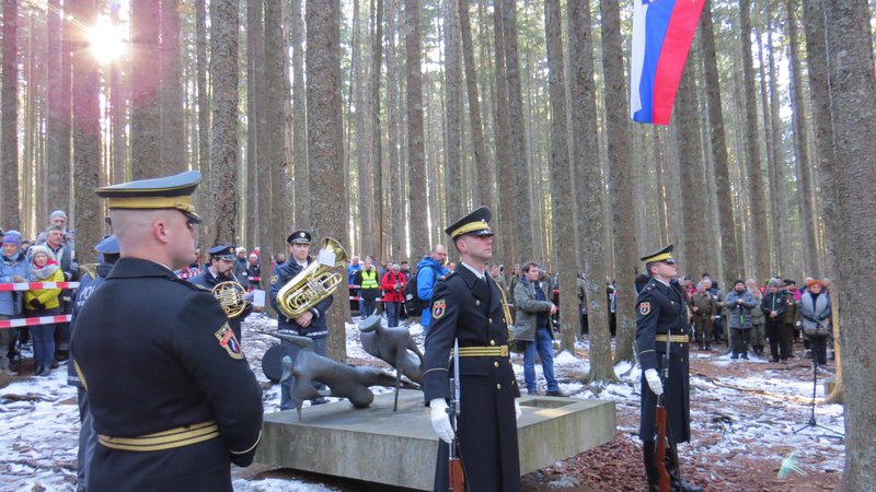Fotografija: Častna straža pripadnikov Slovenske vojske pred spomenikom padlih junakov. FOTO: Bojan Rajšek/Delo