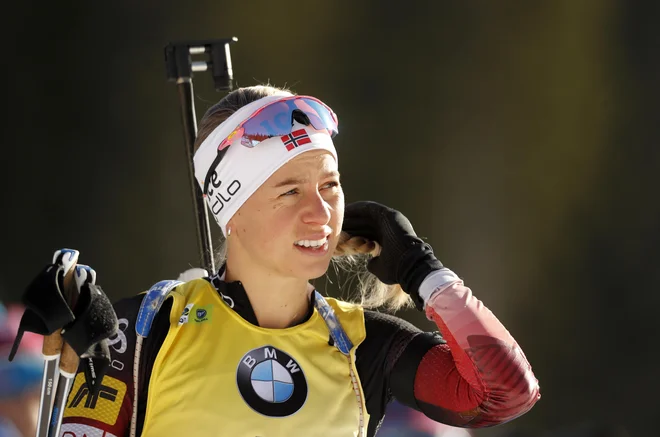 Norvežanka Tiril Eckhoff (na fotografiji) je zgrešila trikrat, italijanska biatlonka Dorothea Wierer še eno tarčo več. FOTO:  Matej Družnik