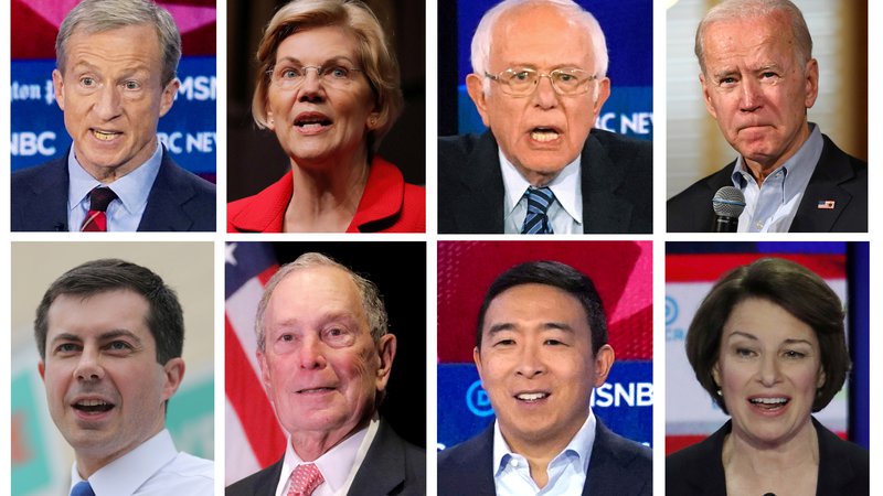 Fotografija: Osem demokratskih kandidatov za predsedniško nominacijo: Tom Steyer, Elizabeth Warren, Bernie Sanders, Joe Biden, Pete Buttigieg, Michael Bloomberg, Andrew Yang in Amy Klobuchar.  Photo: Reuters