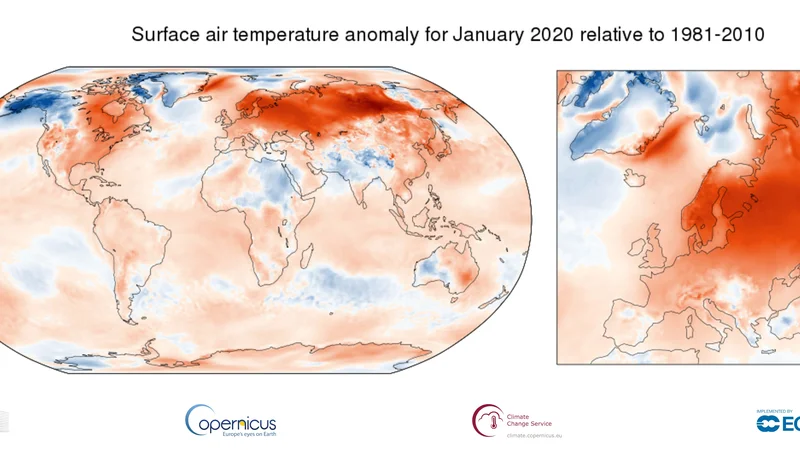 Fotografija: Vizualni prikaz odstopanja letošnjih januarskih temperatur od povprečja 1981–2010. FOTO: Copernicus Climate Change Service/ECMWF
