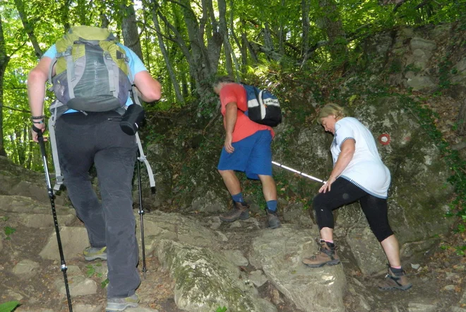 Slepi in močno slabovidni pri neznanih poteh potrebujejo spremljevalce, ki hodijo pred njimi in držijo sprednji konec njihove pohodne palice ali pa se jih slepi držijo za nahrbtnik. Foto arhiv PZS