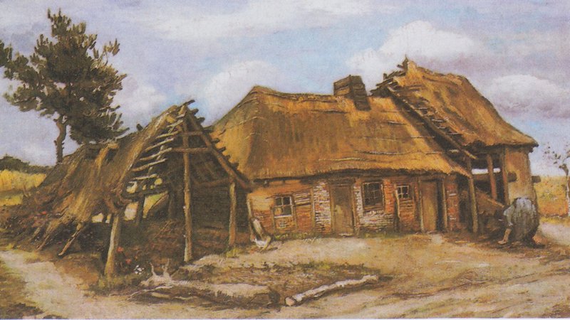 Fotografija: Kmečka hiša s kmetico v modri obleki je najbolj kakovostna v seriji slik, ki jih je van Gogh naslikal v pokrajini Nuenen. Foto wikimedia