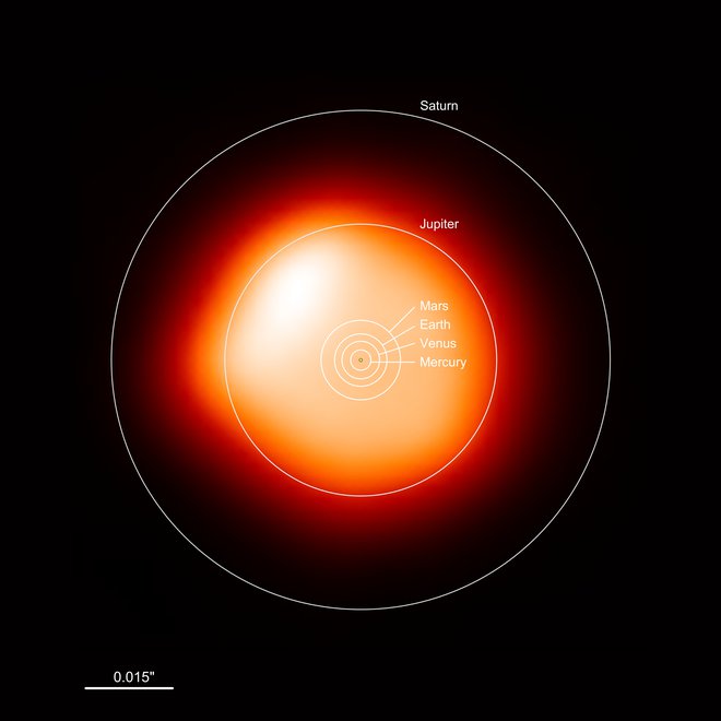 Betelgeza je ogromna. V našem osončju bi segala čez orbito Jupitra. FOTO: ALMA (ESO/NAOJ/NRAO)/E. O’Gorman/P. Kervella