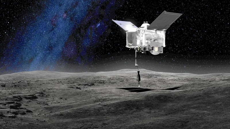 Fotografija: Predvidoma 4. julija 2020 se bo sonda spustila tik nad površje in v petih sekundah z robotsko roko postrgala vsaj 60 gramov in največ dva kilograma kamenja in prahu z asteroida. FOTO: Nasa