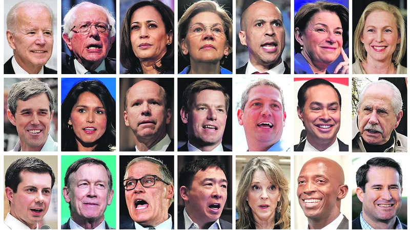 Fotografija: Dolg seznam predsedniških kandidatov: Joe Biden, Bernie Sanders, Kamala Harris, Elizabeth Warren, Cory Booker, Amy Klobuchar, Kirsten Gillibrand, Beto O'Rourke, Tulsi Gabbard, John Delaney, Eric Swalwell, Tim Ryan, Julián Castro, Mike Gravel, Pete Buttigieg, John Hickenlooper, Jay Inslee, Andrew Yang, Marianne Williamson, Wayne Messam in Seth Moulton. Fotografiji Reuters