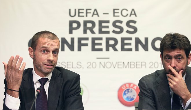 "Ponavljam, da ob vikendih ne bomo igrali nobene tekme, razen finala lige prvakov," je Uefa v sporočilu za javnost navedla Čeferina (levo, desno prvi mož ECA Andrea Agnelli). FOTO: Reuters