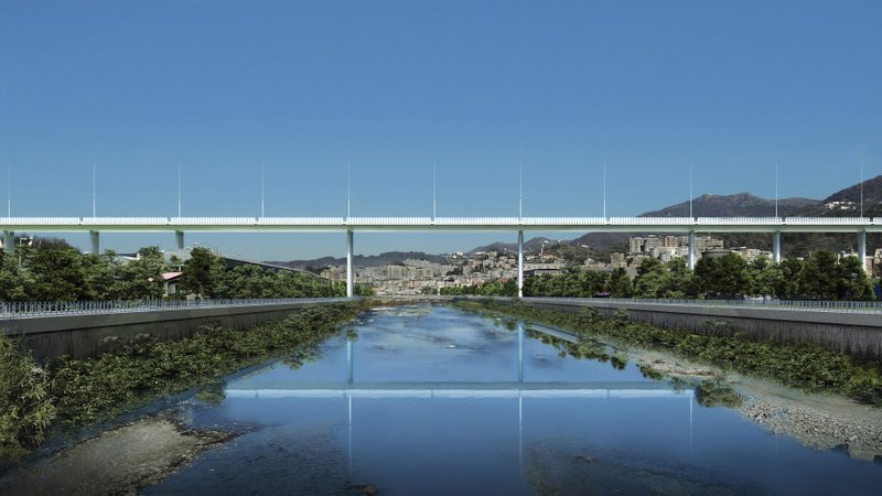 Fotografija: Most čez reko Polcevera arhitekta Renza Piana naj bi odprli aprila prihodnje leto. Podnevi bo zrcalil in absorbiral sončno svetlobo, ponoči jo bo vračal okolici. FOTO: Per Genova