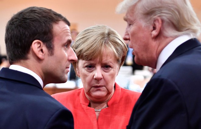 Emmanuel Macron, Angela Merkel in Donald Trump.