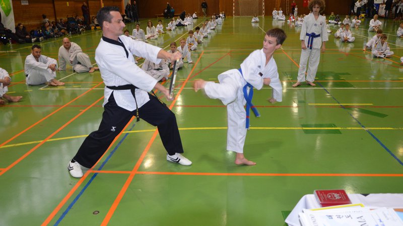 Fotografija: Prizor opravljanja preizkusa moči med enim od treningov taekwondoja. FOTO: Tomaž Zakrajšek