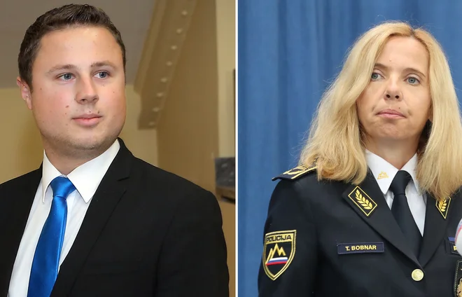 Poslanec SDS in podpredsednik Knovsa Žan Mahnič in generalna direktorica policije Tatjana Bobnar. Prvi je drugo med včerajšnjim obiskom podučil, da je sam izvoljen, njo pa je nastavila vlada. FOTO: Jože Suhadolnik/Delo