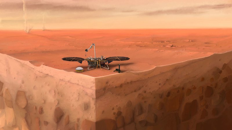 Fotografija: Umetniška upodobitev landerja Insight na Marsu. 
FOTO: IPGP/Nicolas Sarter 