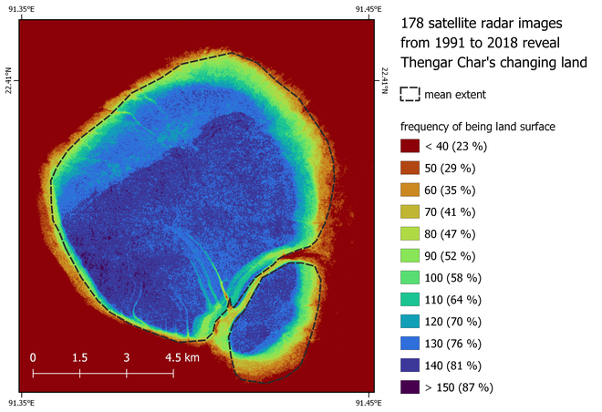Na podlagi 178 satelitskih radarskih posnetkov od 1991 do 2018 sestavljena slika prikazuje kopno otoka oziroma, kolikokrat je bil del otoka pod vodo. FOTO: Eo4humen+