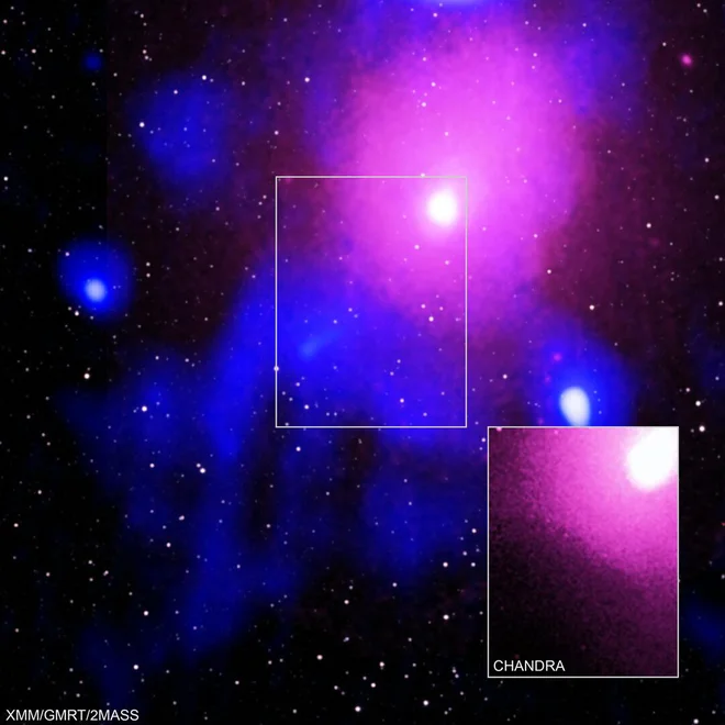 Na fotografiji je vroč plin v jati, ki ga razkrijejo rentgenska opazovanja. Roza so podatki XMM Newton, radijski podatki teleskopa Meterwave so modri, belo so infrardeči podatki observatorija 2MASS. Spodaj je povečava roba votline, ki je nastala zaradi izbruha črne luknje, ki jo je posnel teleskop Chandra. Bele pike po fotografiji so bližnje zvezde in galaksije. FOTO: Esa/Nasa