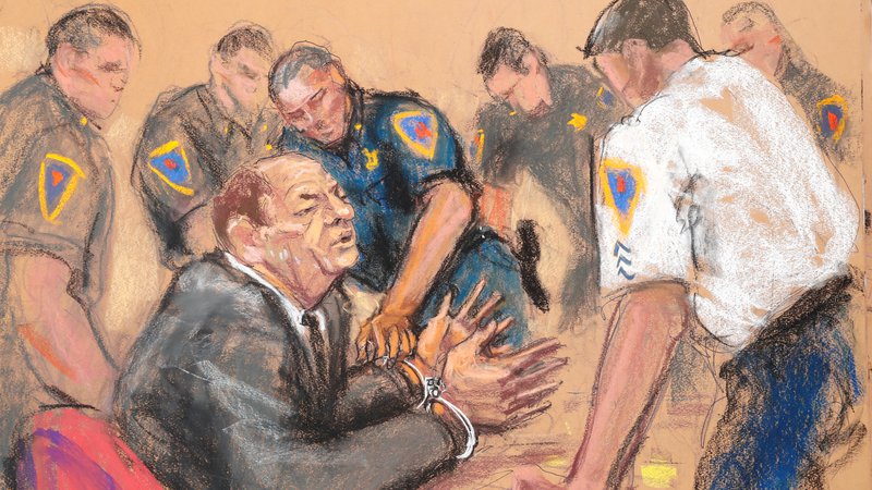 Fotografija: Skica Harveyja Weinsteina na newyorškem sodišču. FOTO: Jane Rosenberg/Reuters