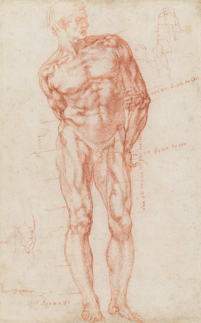 Michelangelo: Moški akt z oznakami proporcev, okoli 1515 -20. FOTO: Royal Collection Trust